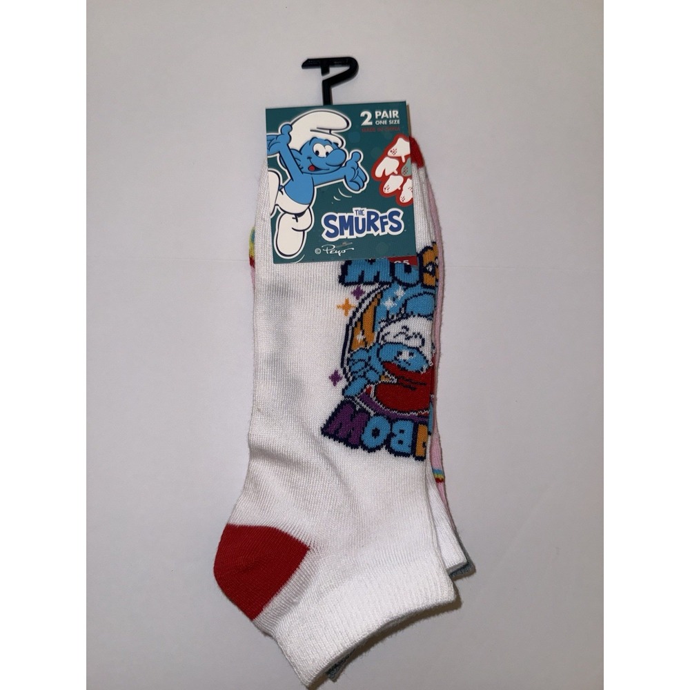 Smurfs Adult 2 Pair Ankle Socks 7-12 Cartoon Fun Gift Pink White Novelty NEW